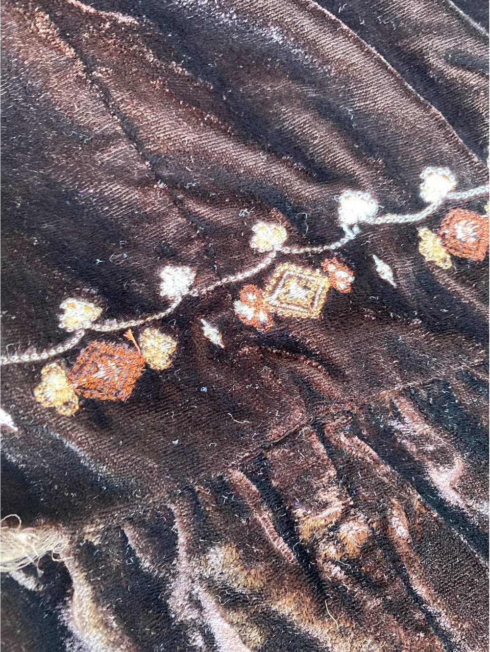 Boho chic chocolate brown embroidered tiered velvet maxi skirt Ren Faire fairy M - Picture 2 of 6